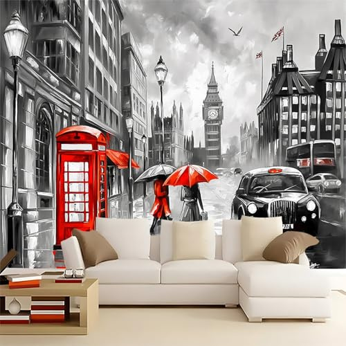 Papel pintado panorámico 3D escena de calle de Londres, 200 x 140 cm, no tejido de pared, para sala de estar, dormitorio de niños, restaurante, decoración de pared, color gris