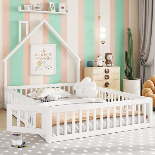 MQLAE Bodenbett 140x200 mit Rausfallschutz, Kleinkindbetten Kinderbett 140x200 mit Tür für Jungen & Mädchen, Kinder Bett aus Kiefer für Kinderzimmer, Hausbett, Bett in Weiß, Ohne Matratze