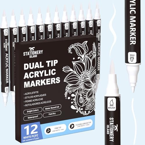 STATIONERY ISLAND Acrylstifte Weiß – 12 Stück Doppelseitige Acrylmarker – Wasserbasierte Acrylic Paint Marker für Halloween Basteln, Kürbis Malerei, Stein, Glas, Holz, Metall, Stoff