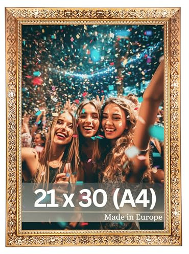 VictoR Vermeer - Cornice portafoto in stile vintage, 21 x 30 cm (A4), in stile barocco anticato, con vetro acrilico, robusto pannello posteriore in MDF, per formato verticale e orizzontale, formato