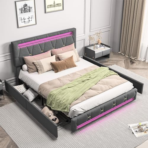 Marooma Doppelbett, gepolstert, 140 x 200 cm, mit LED-Beleuchtung und europäischem Ladegerät, modernes Schubladenbett mit 4 Schubladen und Lattenrost, für Erwachsene und Jugendliche, Grau (140 x 200