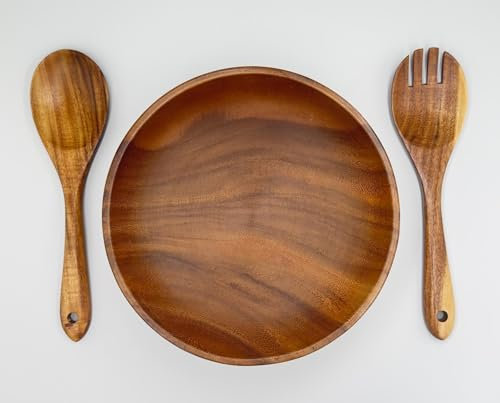 Eco Culinary Acacia Wooden Salad Bowl and Servers Set. Solid Wood Bowl with Acacia Wood Spoons Set Salad Mixing Dinner Fork and Spoon Kitchen Cooking Utensil Cutlery Set