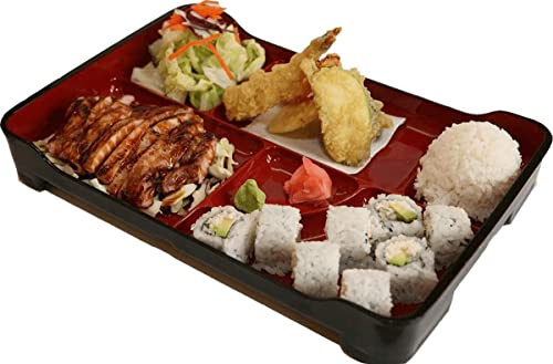 JapanBargain Traditional Japanese Bento Box 6-Compartment Lacquered Lunch Plate, Plastic Obento Tray for Restaurant or Home Use, 14x9.25, Red and Black, Made in Japan