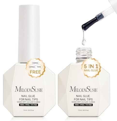 MelodySusie 3Free 5 in 1 Nail Glue Gel for False Nail Tips, NO Hema HPMA TPO, Super Sticky and Strong Adhesion, Rhinestone, Blooming Gel, Base Coat, UV Lamp Curing Needed,2 Pcs 15ml | NO Hema HPMA TPO,Sticky and Strong Adhesion,Rhinestone,Blooming Gel,Base Coat,UV Lamp Curing Needed,2 Pcs 15ml