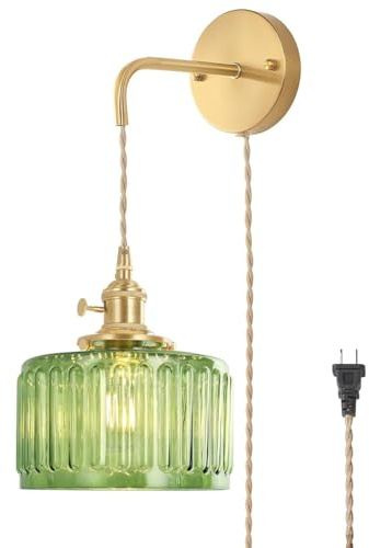 LOGT Vintage Wandlampe mit Stecker und Schalter Wandleuchte Retro Industrielle Nachttischlampe mit Grüner Glasschirm Wandbeleuchtung 1M Verstellbare Hängende E27 Leselampe für Schlafzimmer Wohnzimmer