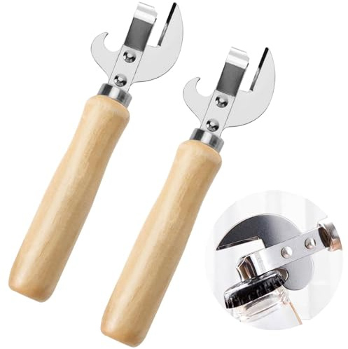 Abrelatas manual que funciona: 2 abrelatas de acero inoxidable de corte lateral, manual de abrelatas con mango ergonómico de madera para cocina, camping y herramienta de preparación de emergencia