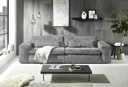Big Sofa 300 cm breit, Modell Vince, Tiefe Sitzfläche, pflegeleichter Stoffbezug, Nosagfederung, Rücken echt bezogen, mittlere Sitzhärte, inkl. 2 Rückenkissen, 2 Nierenkissen, Grau