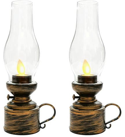 Behogan 2 Stück LED Petroleumlampe: 7x5.5x18cm Antik Retro Elektronische Petroleumlampe, Tragbar Vintage Petroleumlampe, Flammenlose LED-Lampe, für Camping, Zuhause und Dekoration, Antik Kupferfarbe