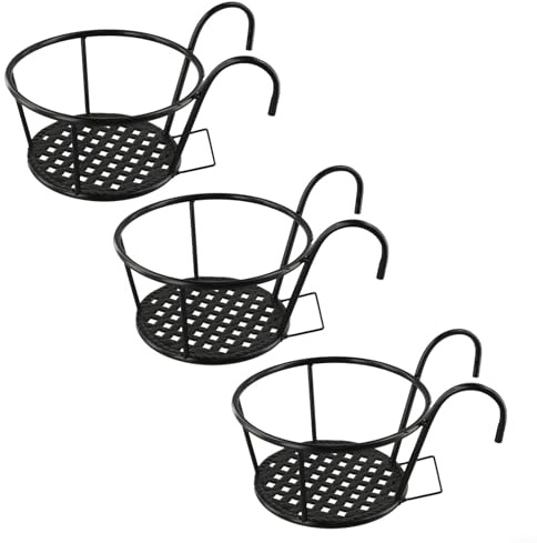 Jonikuper Set di 3 cestini da appendere in ferro battuto, per balcone, giardino, ringhiera, supporto per piante da interno ed esterno, con ganci per risparmiare spazio verticale