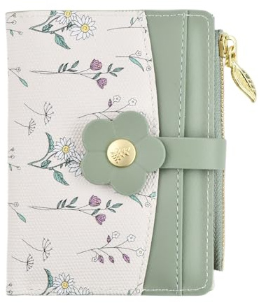 Kaslaider Portefeuille Femme Vert & Blanc, Porte Monnaie Femme avec 5 Emplacements Cartes 1 Slot Photo 1 Compartiment Billets 1 Pochette Monnaie Zippée, Porte-Cartes Motif Fleurs PU Cuir