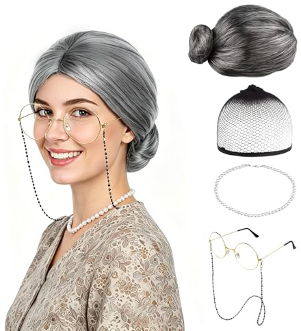 Feithmonic 5 pièces Perruque Grand Mere Chignon, Perruque de Grand-Mère Gris, Perruque Vieille Dame Adulte, Perruque Cheveux Mamie Femme avec Collier, Lunettes, Filet à Cheveux, pour Carnaval, Cosplay