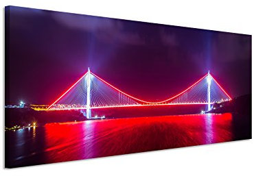 Panorama Fotoleinwand 120x40cm Urbane Fotografie – Rot beleuchtete Yavuz-Sultan-Selim-Brücke, Türkei auf Leinwand exklusives Wandbild moderne Fotografie für ihre Wand in vielen Größen
