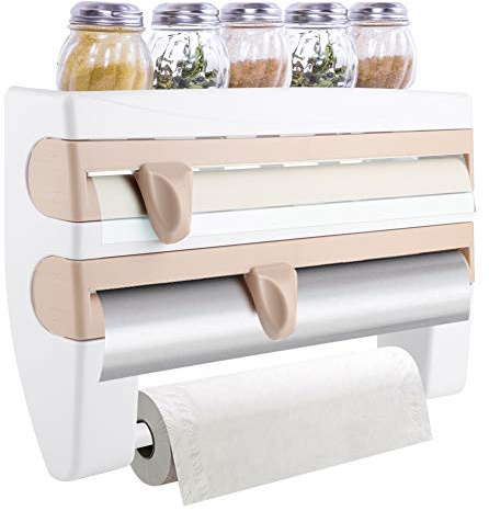Cocoarm Wandrollenhalter mit Gewürzablage Küchenrollenhalter Wand Frischhaltefolie Lagerregal Küche Frischhaltefolie Tissue Storage Rack Papierhalter Folienschneider(Khaki)