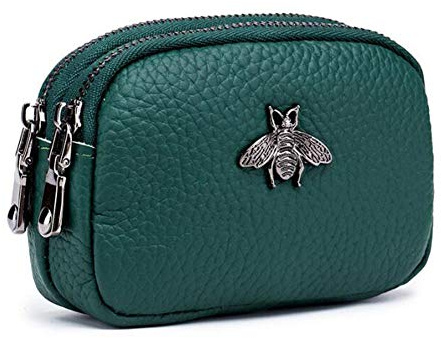 AprinCtempsD Ladies Genuine Leather Small Coin Purse Womens Mini Wallet Pouch Credit Card Holder with Double Zip (Green)