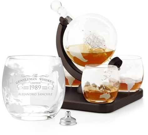 Maverton Decantador Globo - 4 Vasos Cristal Grabado 300 ml - Regalos Cumpleaños Elegantes- Regalos San Valentin Hombre - Barco Dentro 25x11 cm 850 ml
