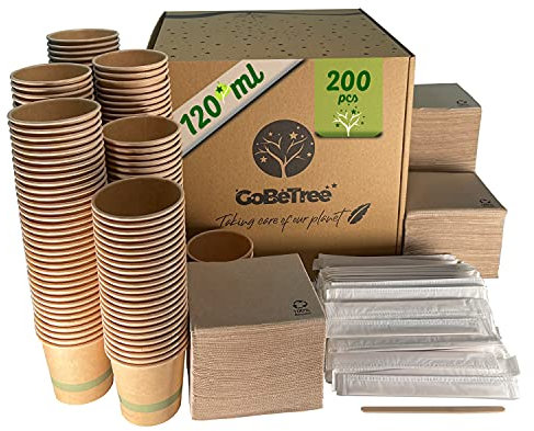 200 tazas de café desechables Kraft con PLA para café expreso de 120 ml con agitadores de madera en bolsa de papel para café y servilletas recicladas