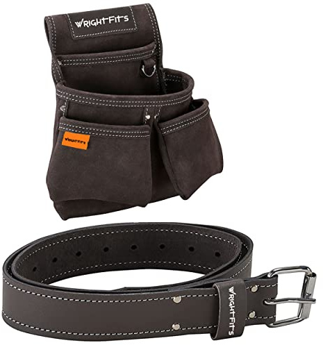 WrightFits Leather Double Nail Pocket for Work - Tool Organiser Pouch with Supporting Belt (2 in 1) | for Builders, Carpenters, Gardeners, Electricians