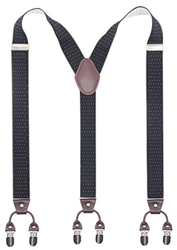 Bioterti Men’s Y-Shaped Heavy Duty Suspenders – 6 Metal Clips, Elastic Straps (Brown-PU Black Dot)