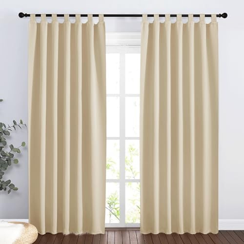 PONY DANCE Schlaufengardinen 2er Set - Thermovorhang gegen Kälte und Hitze Schlaufenschal Verdunklungsvorhänge Wohnzimmer Gardinen Blickdicht, H 220 x B 140 cm, Biscotti Beige