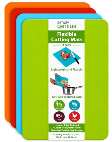 Simply Genius Flexible Cutting Board Set - Color-Coded Plastic Cutting Board Mats - Dishwasher-Safe Chopping Surfaces - Space-Saving Kitchen Mat Storage - 4-Pack Multicolor 11.5 x 15 in