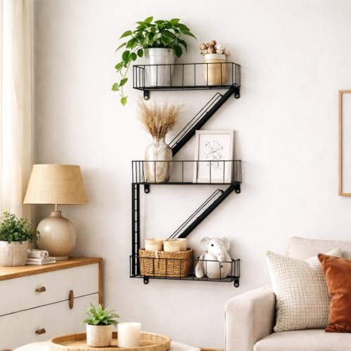 Marco Paul Interiors Fire Escape Wall Shelf – 3 Tier Black Metal Ladder Style Floating Shelf Unit – New York Industrial Wall Shelves for Living Room, Bedroom, Kitchen or Bathroom Display Storage