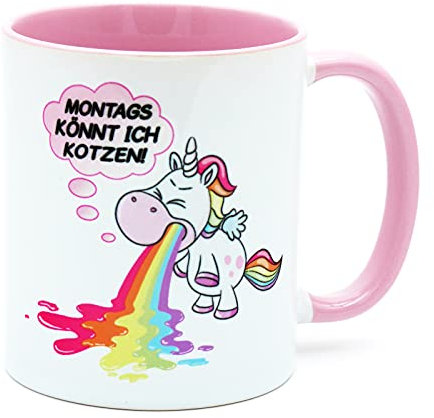 Einhorn Tasse mit dem Spruch Montags könnt ich kotzen Rosa Kaffeetasse kotzendes Unicorn Becher Einhorntasse Ich hasse Montage Menschen lustige Einhörner Bürotasse Arbeitstasse Geschenk Keramik 330 ml