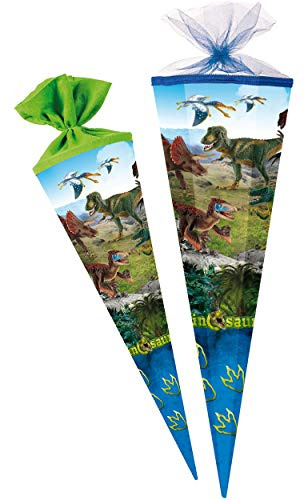 Schultüte - Dinosaurier - Dinosaurs/Dino - 50 cm - rund - mit Tüllabschluß - Zuckertüte - mit/ohne Kunststoff Spitze - Nestler - Jungen - Tyrannosauru..