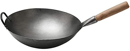 MNSSRN Padella in Ferro Antiaderente a Fondo Tondo con Manico in Legno per Cottura ad Alta Temperatura Wok a Fondo Tondo Wok in Ferro a Mano Non Rivestito