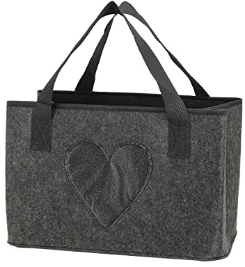 Geschenkestadl Filztasche Aufbewahrung Glitzer Herz Stickerei Tragetasche Einkaufstasche Faltbar (Anthrazit)