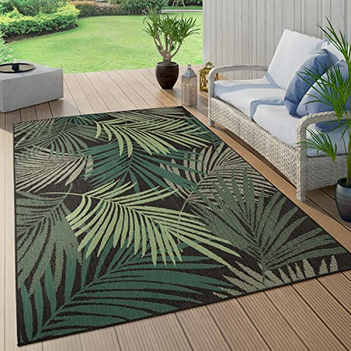 Paco Home Outdoor Teppich Wetterfest Flur Balkon Palmen Dschungel Florales Boho Muster Grün, Grösse:120 cm Rund, Farbe:Schwarz
