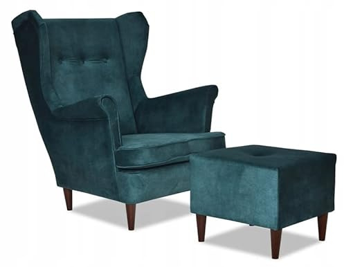 Family Meble Ohrensessel mit Hocker, Modell Diana, Skandinavisch, Relaxsessel aus Webstoff, Loungesessel, Ohrensessel mit Hocker, Bequemer Sessel, Für Wohnzimmer, Esszimmer, Schlafzimmer, Flaschengrün