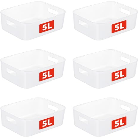 Cetomo 5Lx6 Aufbewahrungskorb, Kunststoff Aufbewahrungskörbe mit Griffen, Stapelbare Organizer Box für Regal, Küchenschrank, Aufbewahrungsbox ohne Deckel, Matt Transparent, 5L-6er Set (28.5*22*9cm)