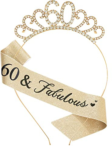 MIOSJI 60th Birthday Sash and Crystal Tiara Crown for Women Birthday Decorations Gift Party Accessories (Gold)