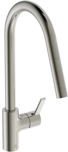 Ideal Standard – Gusto Küchenarmatur, Hoher Auslauf mit zylindrischem Querschnitt, mit 1-Funktionshandbrause, Schwenkbereich 360°, Schnellmontagesystem EasyFix+, Silver Storm