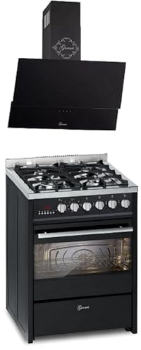 GURARI GCH E 610 BL+GCH 268 BL 6 PRIME gas-stående spis 60 cm gasspis med elektrisk ugn 60 L, räckviddsfläkt 60 cm, svart glas, 1000 m³/h