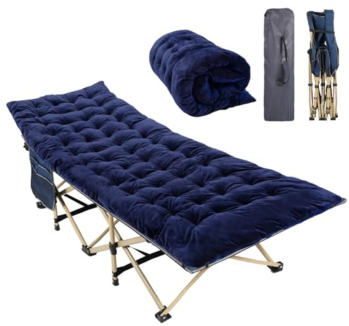 REDCAMP Camp Beds for adults with 2.5 Thick Mattress, Heavy Duty Tubes Sturdy Camping Bed with Mattress, XL Sleeping Cot for Outdoor Travel Office (Navy Blue Camping Bed+Blue Mattress Thicker)