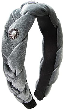 Alpenflüstern Trachten-Haarreif Samt Flechtoptik Helena - Damen Haarschmuck geflochten mit Perlen-Ornament, Haarband rutschfest fürs Dirndl (grau) ADV133