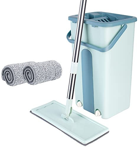 Escoba de Microfibra y Cubo de Escursor, Fregona Plana Giratoria 360° Trapeador para Limpieza de Suelo, Cubo Autolavado, Manos Libres, con 2 Alfombras Reutilizables (A, Verde)