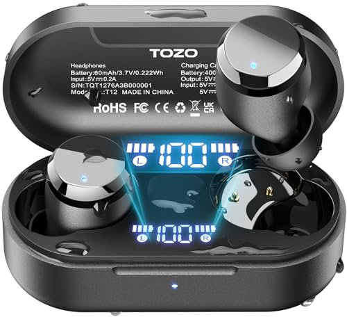 TOZO T12 Wireless Earbuds Bluetooth 5.3 Headphones Premium Sound Performance Touch Control LED Digital Display Wireless Charging Case Earphones (Black, Small Compact)