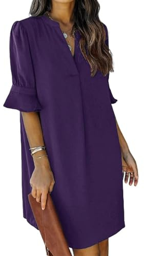 JOCAFIYE Lockeres Kurzes Kleid Damen Rüschenärmel V-Ausschnitt Gerade Passform Einfarbiges Kleid Minikleid Lila M