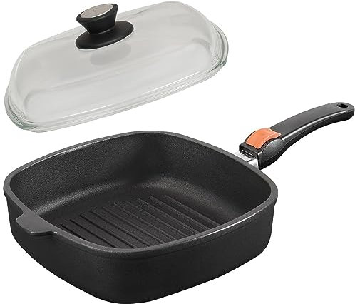 SKK große 2-tlg. Guss Grillpfanne 26x26 cm - Induktion - hohe Antihaft Eck-Steakpfanne Stiel abnehmbar gerippter Boden & Glasdeckel - Made in Germany