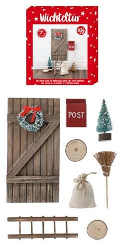 8-teiliges Komplettset – DIY Wichteltür – zum weihnachtlichen Basteln | traditionell skandinavisches Design – Miniatur Dekoartikel für groß & klein – Tür, Tannenbaum, Besen, Leiter – Seaside No.64