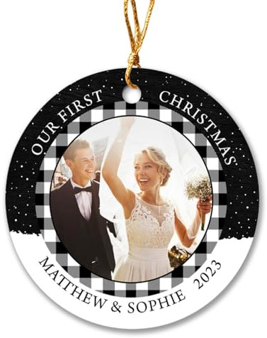 Christbaumschmuck Keramik Weihnachtsanhänger Anhänger Weihnachtsbaumschmuck Hängende Ornamente Weihnachtsdeko Personalisiertes Foto Mr & Mrs 2023, Unsere Ersten Verheirateten Bildgeschenke Zum