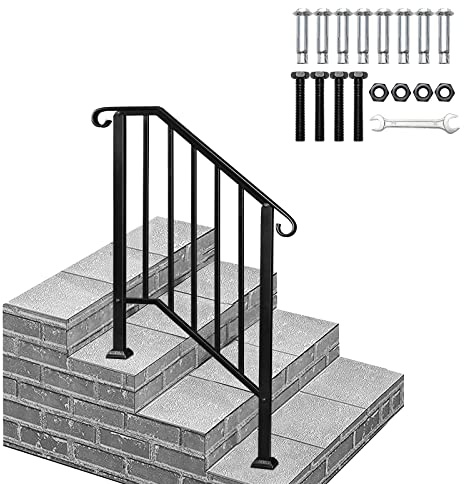 2-Step Outdoor Stair Handrail - Black Matt Wrought Iron Handrail for Garden Steps with Installation Kit | Fits External Steps, Deck, Patio & Porch (2-Steps Handrail)