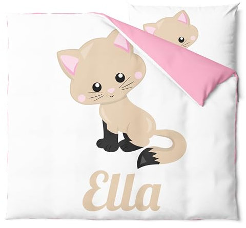 Pictogogo Personalisierte Kinderbettwäsche Set mit Katzen - Baby Bettwäsche Mit Namen - Wählbare Unterfarbe - Babybett Komplett Set - 1 Bettbezug & 1 Kissenbezug (80 x 80 cm, Beige)