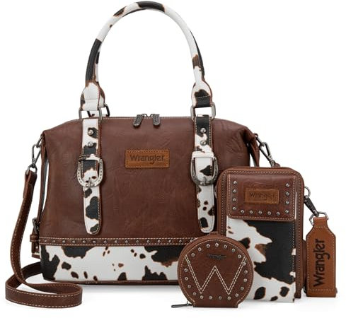 Wrangler 3Pcs Doctor Bag Sets for Women Top-handle Satchel Bag with Cell Phone Handbags and Coin Purse, Brown Cow Print
