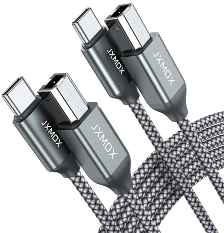JXMOX USB B to USB C Printer Cable, (6.6ft 2-Pack) Nylon Braided USB B to C Cord, USB C MIDI Cable Compatible with MacBook Pro, HP, Epson, Canon, Brother, Yamaha Piano Keyboard, DAC, DJ Controller