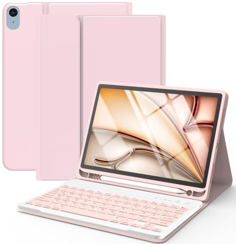 Tastatur Hülle für iPad Air 11 M4&M3&M2 2024-2026 Air 5/4 2020-2022 10.9'' | Schutzhülle mit Stifthalter & Auto Wake and Sleep, QWERTZ Deutsches Abnehmbarer Kabellose Tastatur für Pro 11 1st 2018-Rosa