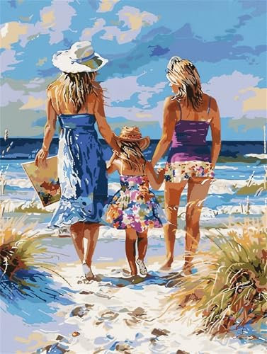 Strand Malen Nach Zahlen Erwachsene, Familie Malen Nach Zahlen Kinder Klein 40x60cm, DIY Set Erwachsene Handgemalt Leinwand Ölgemälde, Acrylfarbenn mit 3 Set Pinseln, Zimmer Deko Aesthetic -Y505