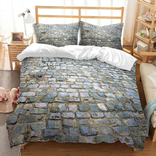 Bettwäsche 220x240 Steinmauer Bettbezug 220x240 3 Teilig Landhausstil Bettwäsche-Sets 3D Muster Weiche Mikrofaser Bettbezüge mit 2 Kissenbezug 80x80 cm 306A